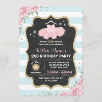 Tutu Ballerina Blue Pink Gold Birthday Invite