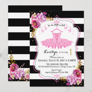 Tutu Ballerina Floral Sparkle First Birthday Invitation