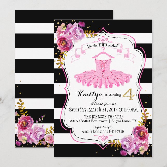 Tutu Ballerina Floral Sparkle Fourth Birthday Invitation (Front/Back)