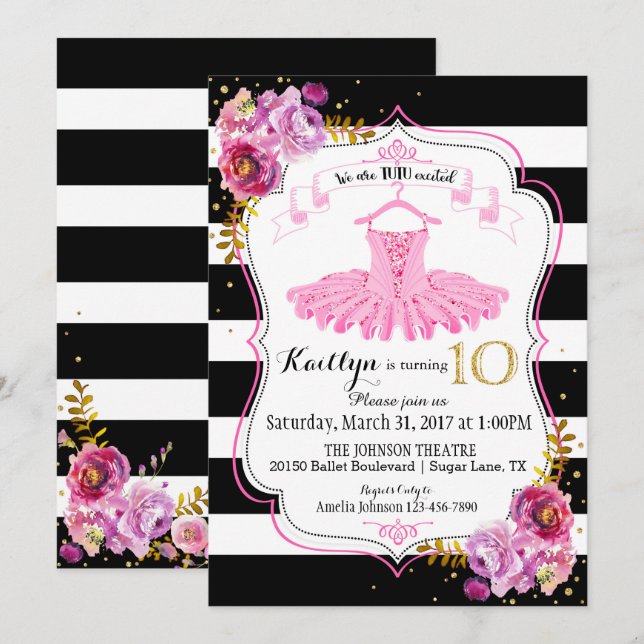 Tutu Ballerina Floral Sparkle Tenth Birthday Invitation (Front/Back)