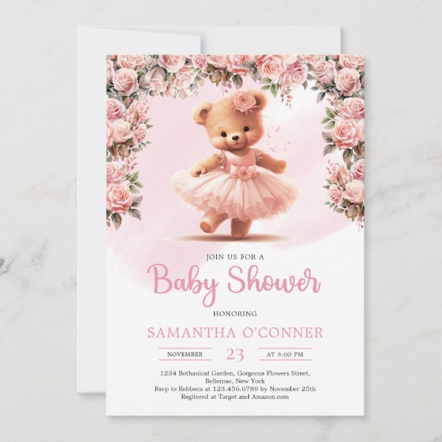 Tutu ballerina girl teddy bear dusty pink roses invitation (Front)