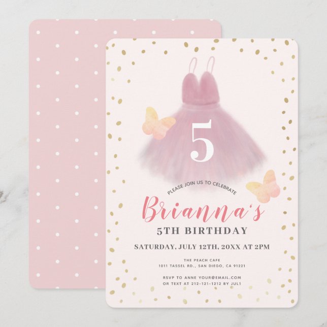 Tutu Ballerina Pink & Gold Girl Birthday Invitation (Front/Back)