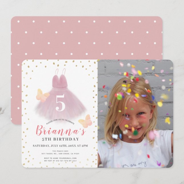 Tutu Ballerina Pink & White Girl Photo Birthday Invitation (Front/Back)