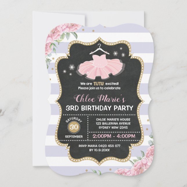 Tutu Ballerina Purple Gold Floral Birthday Invite (Front)