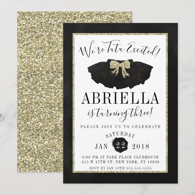 Tutu Birthday Invitation Black and Gold (Front/Back)