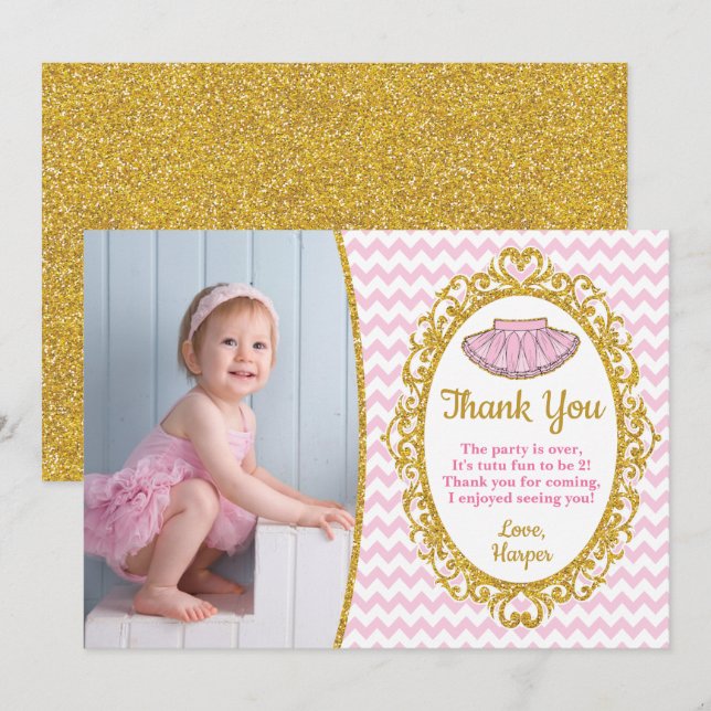 Tutu Birthday Thank You Card | Pink and Gold (Front/Back)