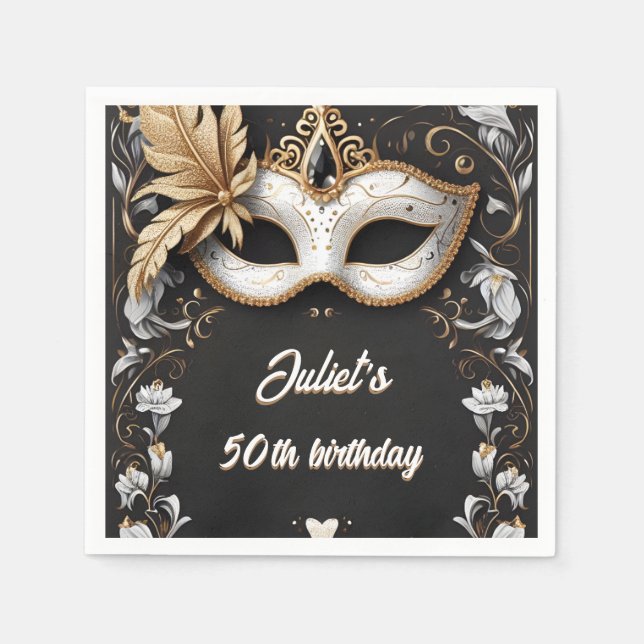 tutu black gold chic Masquerade 50th Birthday Napkin (Front)