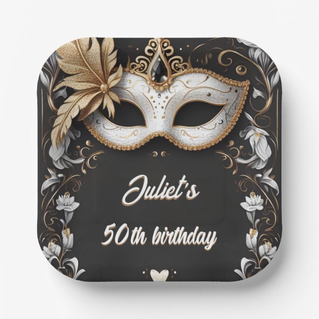 tutu black gold chic Masquerade 50th Birthday Paper Plate (Front)