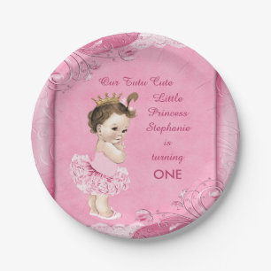 Tutu Cute 1st Birthday Brunette Princess Faux Lace Paper Plate