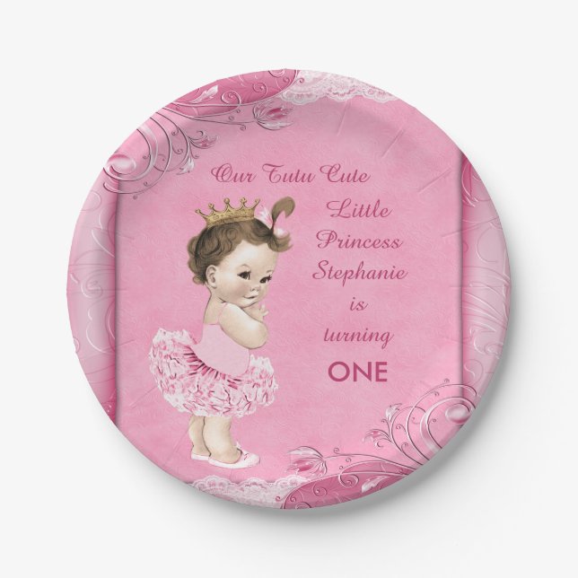 Tutu Cute 1st Birthday Brunette Princess Faux Lace Paper Plate (Front)