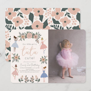 Tutu Cute Ballerina Floral Girl Photo 2nd Birthday Invitation
