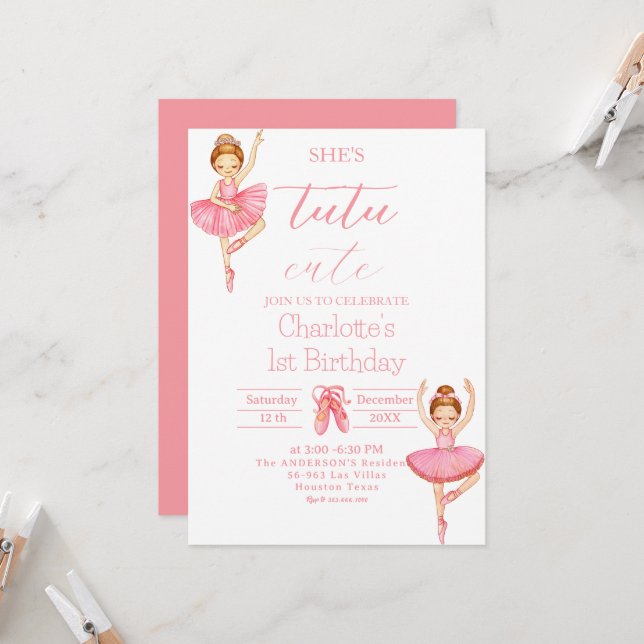 Tutu Cute Ballerina Girl 1st Birthday  Invitation (Front/Back In Situ)