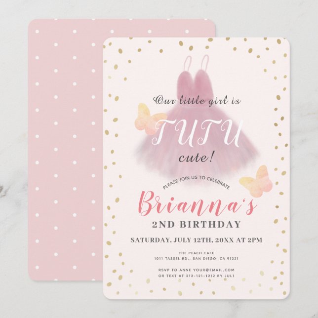 Tutu Cute Ballerina Pink & Gold Girl 2nd Birthday Invitation (Front/Back)