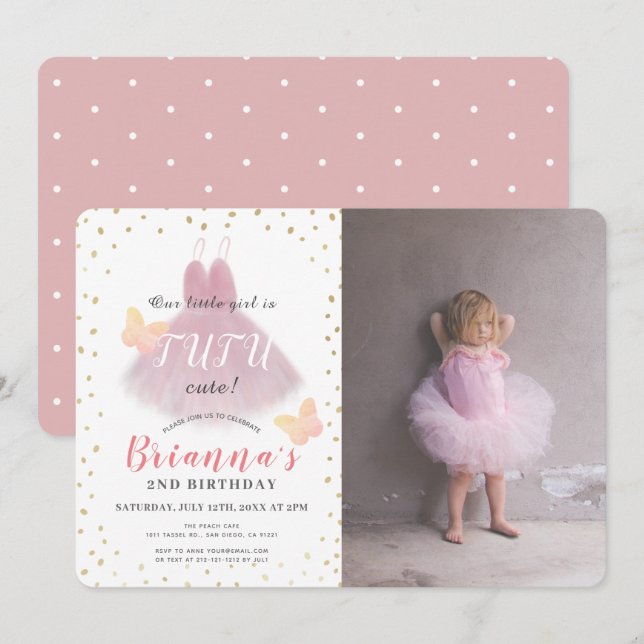 Tutu Cute Ballerina Pink & Whit Photo 2nd Birthday Invitation (Front/Back)