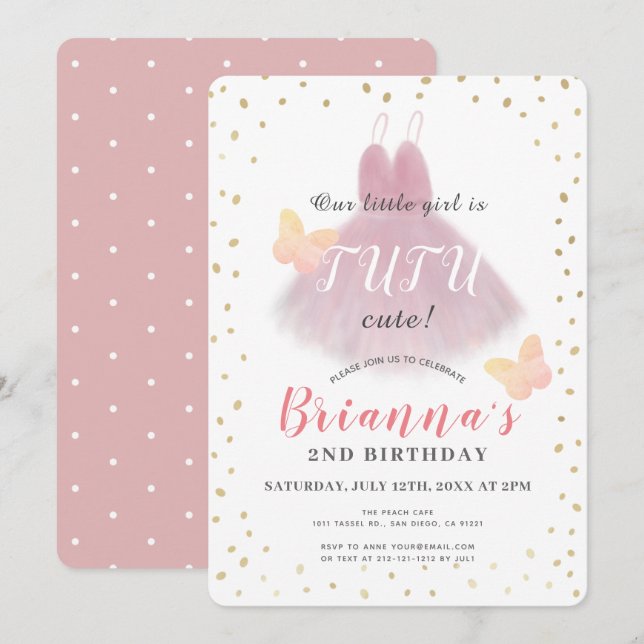 Tutu Cute Ballerina Pink & White Girl 2nd Birthday Invitation (Front/Back)