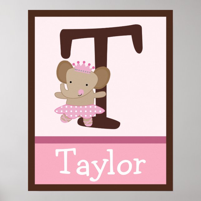 Tutu Cute Elephant Letter & Name Wall Art Poster (Front)