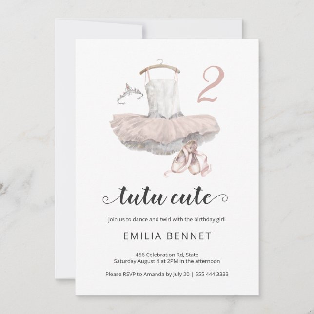Tutu Cute Minimalist Ballerina 2nd Birthday Invita Invitation (Front)