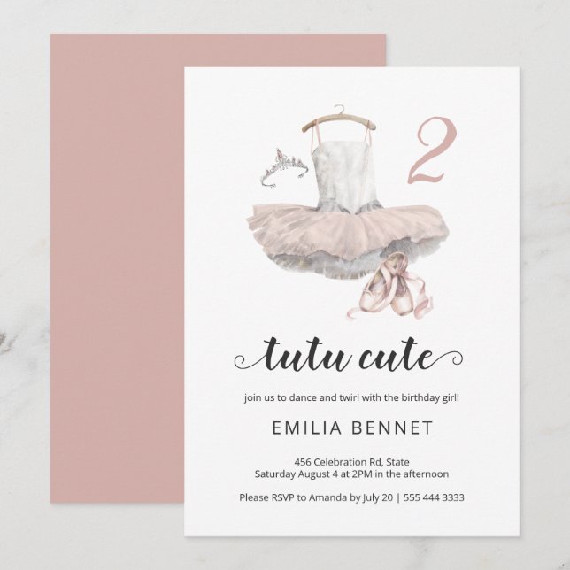 Tutu Cute Minimalist Ballerina Pink 2nd Birthday Invitation (Front/Back)