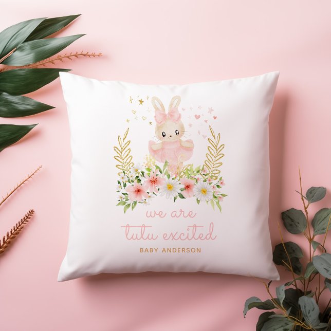 Tutu Excited Ballerina Baby Shower Cushion (expecting baby throw pillow - we are tutu excited watercolor rabbit ballerina baby shower)