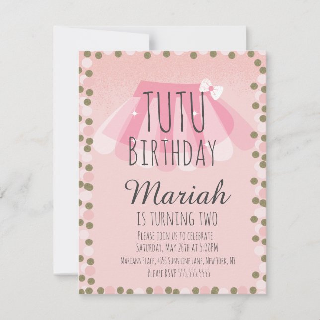 Tutu Girl's Birthday Pink Faux Glitter Dots Invitation (Front)