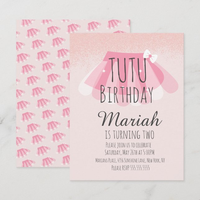 Tutu Girl's Birthday Pink Faux Glitter  Invitation (Front/Back)