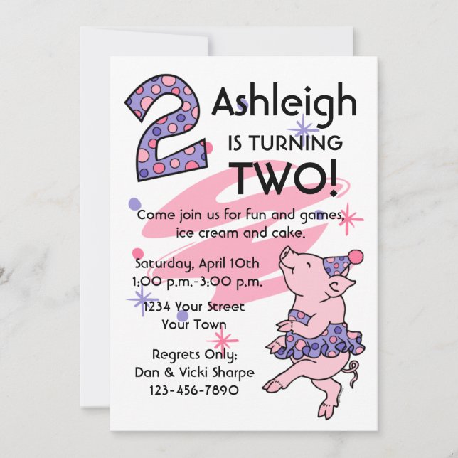 Tutu Piggy 2nd Birthday Custom Invitations (Front)