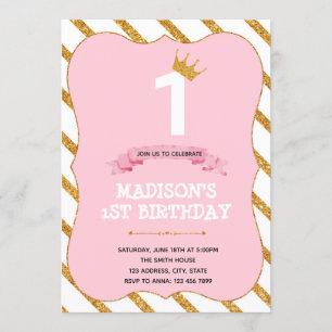 Tutu princess 1st birthday pink party invitation