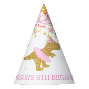 Tutu T-Rex Dinosaur Pink Floral Gold Birthday Party Hat
