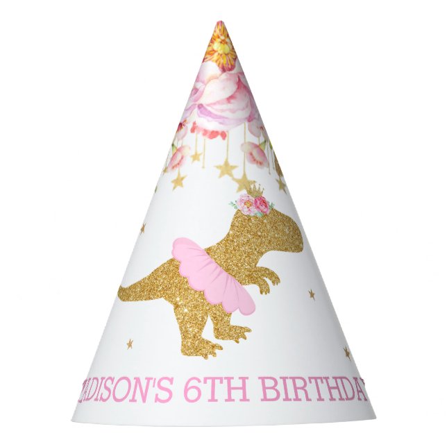 Tutu T-Rex Dinosaur Pink Floral Gold Birthday Party Hat (Front)
