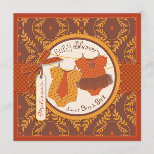 Tutu & Tie & Autumn Damask Vine Twins Baby Shower Invitation