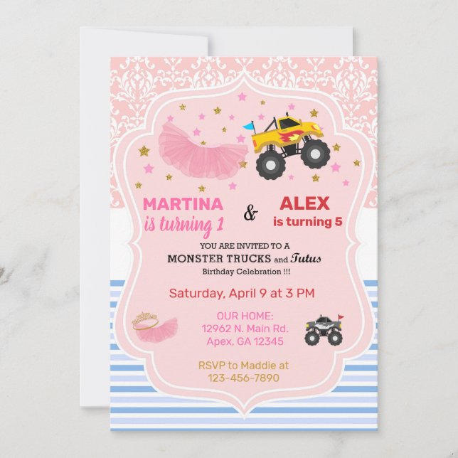 Tutus and monster trucks siblings birthday invite. invitation (Front)