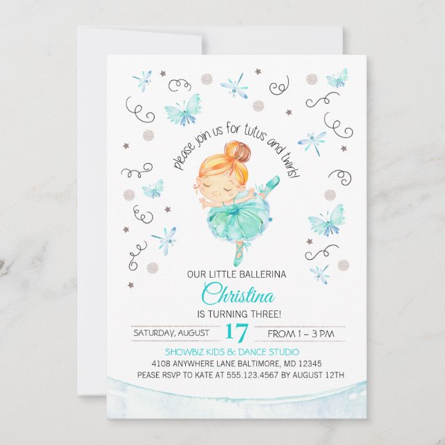 Tutu's and Twirls Ballerina Birthday Invitation (Front)