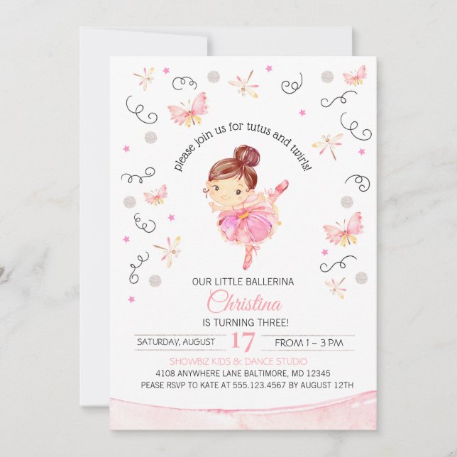 Tutu's and Twirls Ballerina Birthday Invitation (Front)