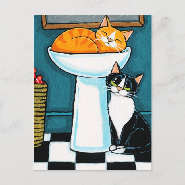Tux and Tabby Cats in Bathroom Sink Illustration Postcard (Front)