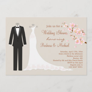 Tux & Gown, cherry blossom Couple's Bridal Shower Invitation