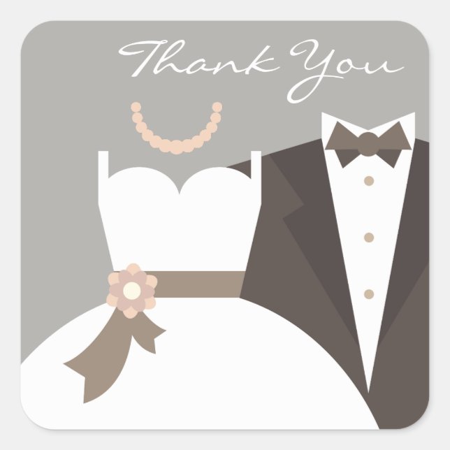 Tuxedo and gown wedding thank you square sticker (Front)