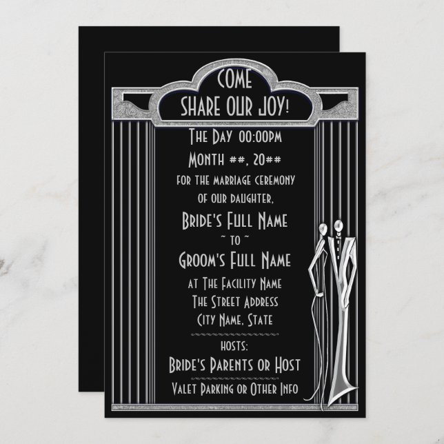 Tuxedo - Art Deco - Black and Silver Invitation (Front/Back)