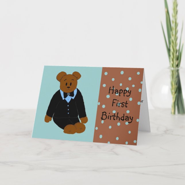 Tuxedo Bear First Birthday Card (Front)