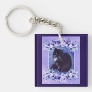 Tuxedo black and white cat art by Renee Lavoie  Key Ring