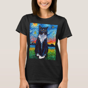Tuxedo Black and White Cat Starry Night Art by Aja T-Shirt