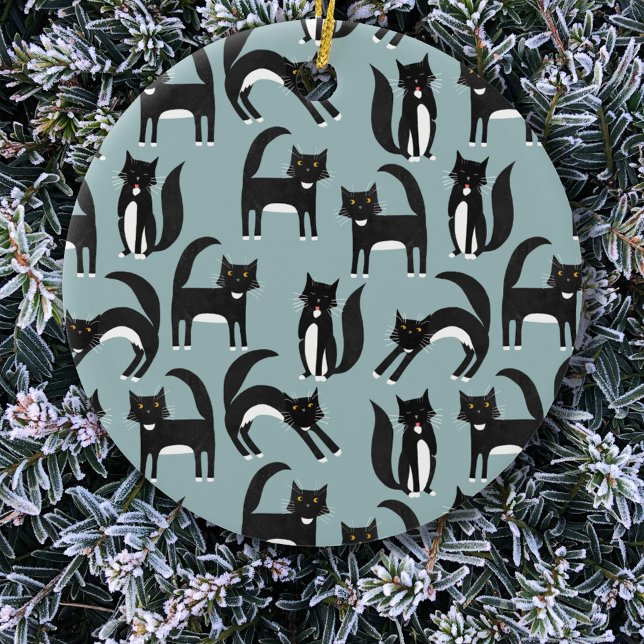 Tuxedo Black and White Cats Ceramic Tree Decoration (Black and white tuxedo cat pattern fun ceramic Christmas ornament)