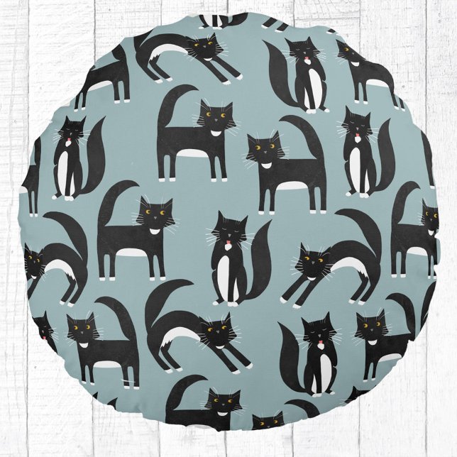 Tuxedo Black and White Cats Round Cushion (Black and white tuxedo cat pillow)
