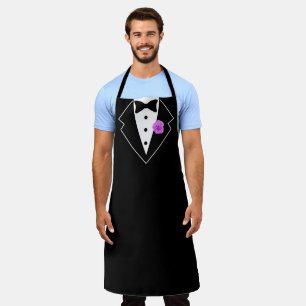 Tuxedo Black and White with Purple Flower in Lapel Apron
