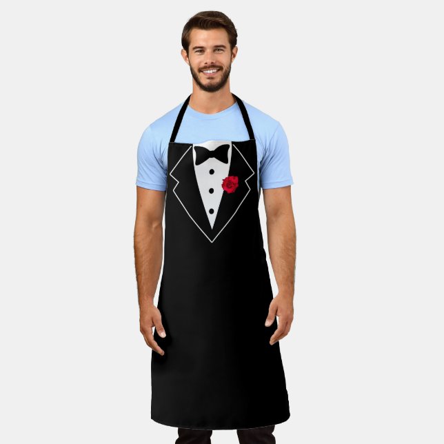 Tuxedo Black and White with Red Flower in Lapel Apron (Worn)