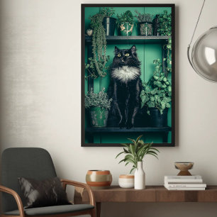 Tuxedo Black Cat on a Shelf Among Greenery Poster