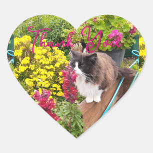 Tuxedo Black White Cat Red Yellow Flower Thank You Heart Sticker