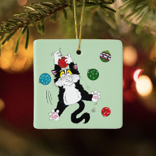 Tuxedo Black White Christmas Cat Ceramic Ornament