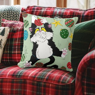 Tuxedo Black White Christmas Cat Cushion