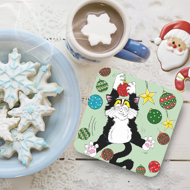 Tuxedo Black White Christmas Cat Square Paper Coaster (Creator Uploaded)