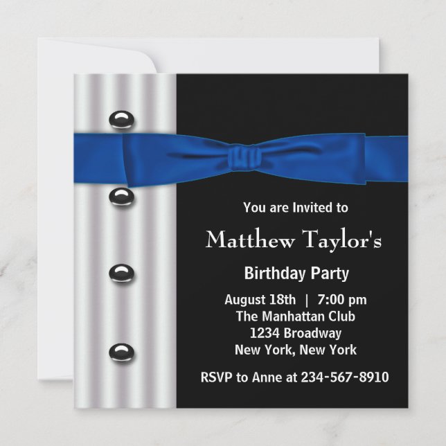 Tuxedo Bow Tie Mens Blue Black Birthday Party Invitation (Front)
